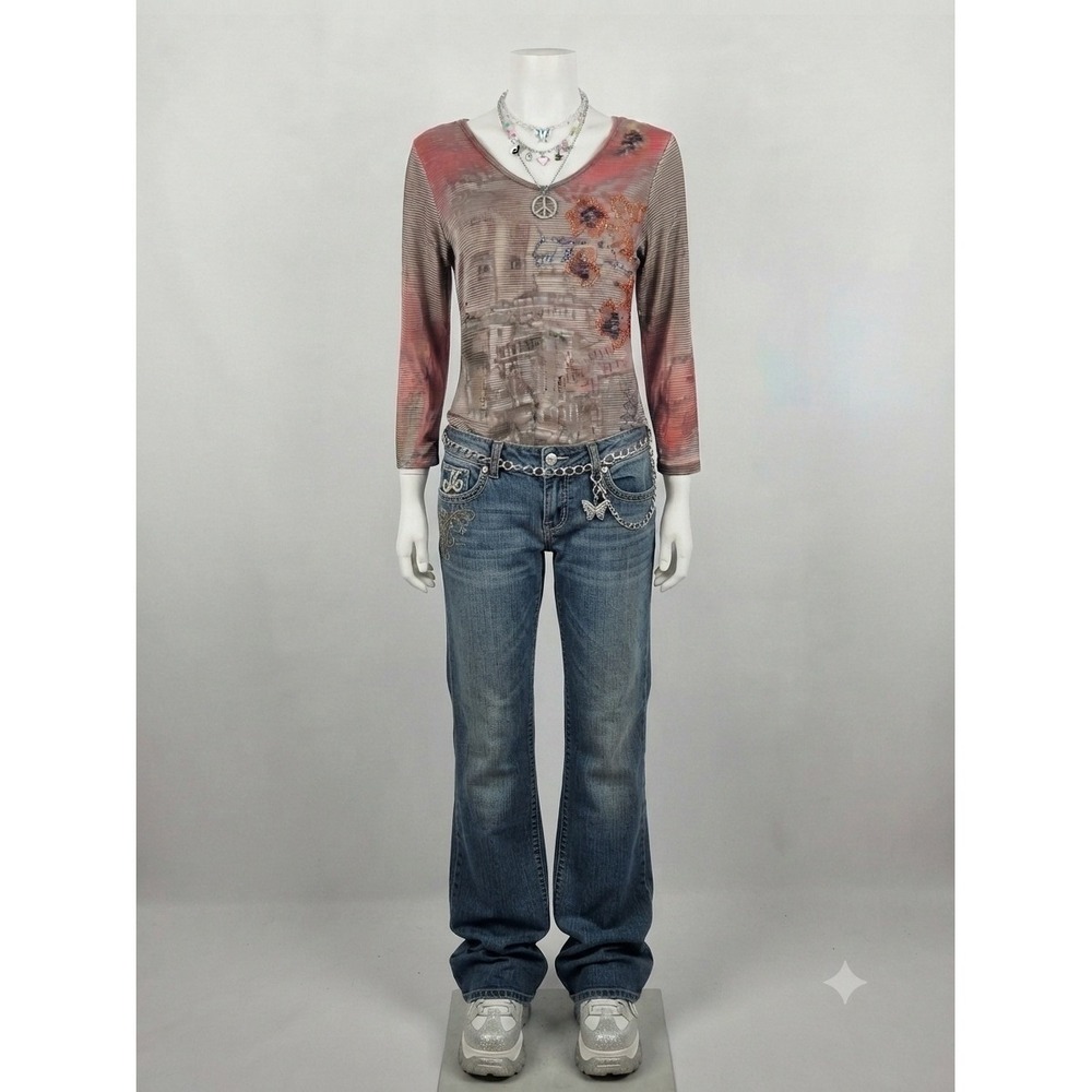 Christopher & Banks Womens Y2K Boho Striped Floral Studded Top Brown Red M